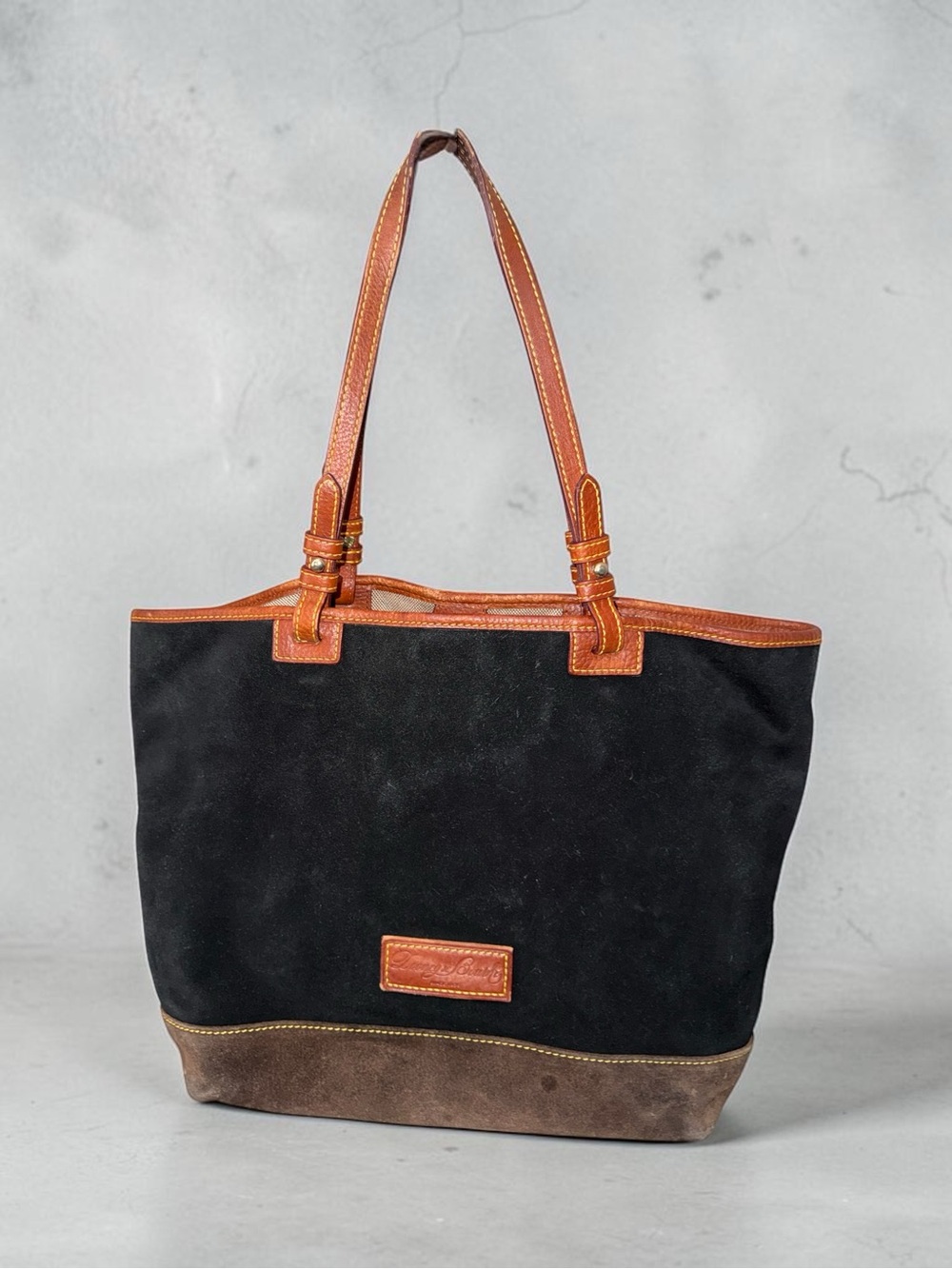Dooney & Bourke Black Suede Shoulder Bag with Brown Trim
